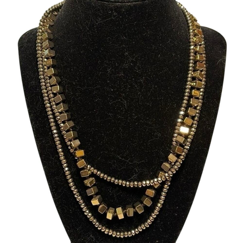 Layered Brass Tone Faceted Bead & Cube Bead Statement Necklace 17”